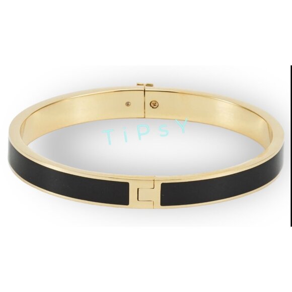 Tory Burch Kira Black & Gold Enamel Logo Hinged Bangle Bracelet - Picture 3 of 4